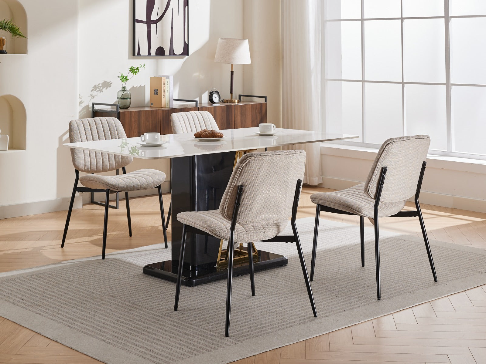 2-piece retro linen chair set with curved wooden backrest, cushioned seat, adjustable metal legs, (Beige Linen)