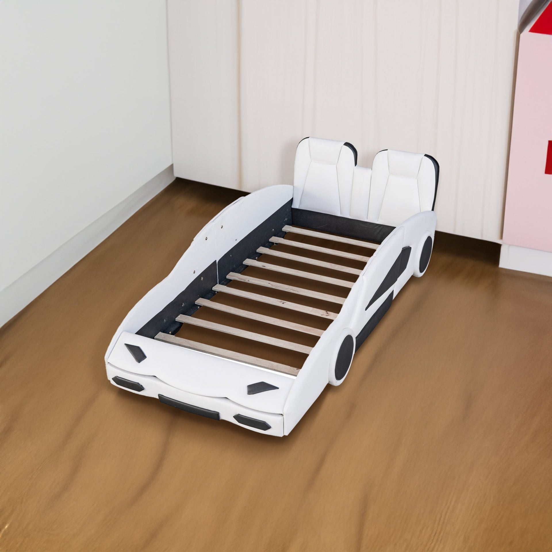 Twin Size Race Car-Shaped Platform Bed with Wheels, White