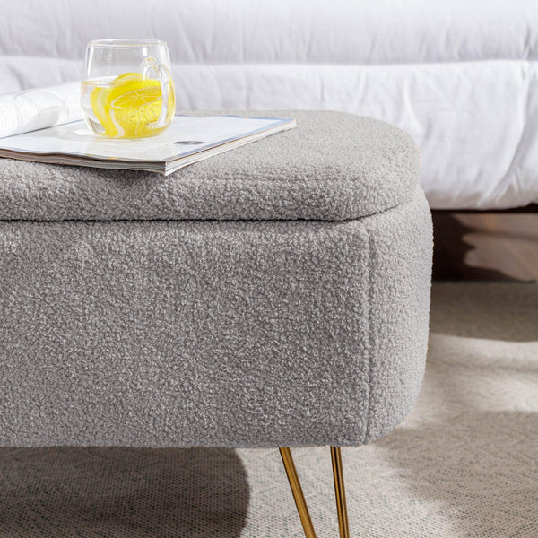 Grey Storage Ottoman Bench for End of Bed Gold Legs Modern Grey Faux Fur Entryway Bench
