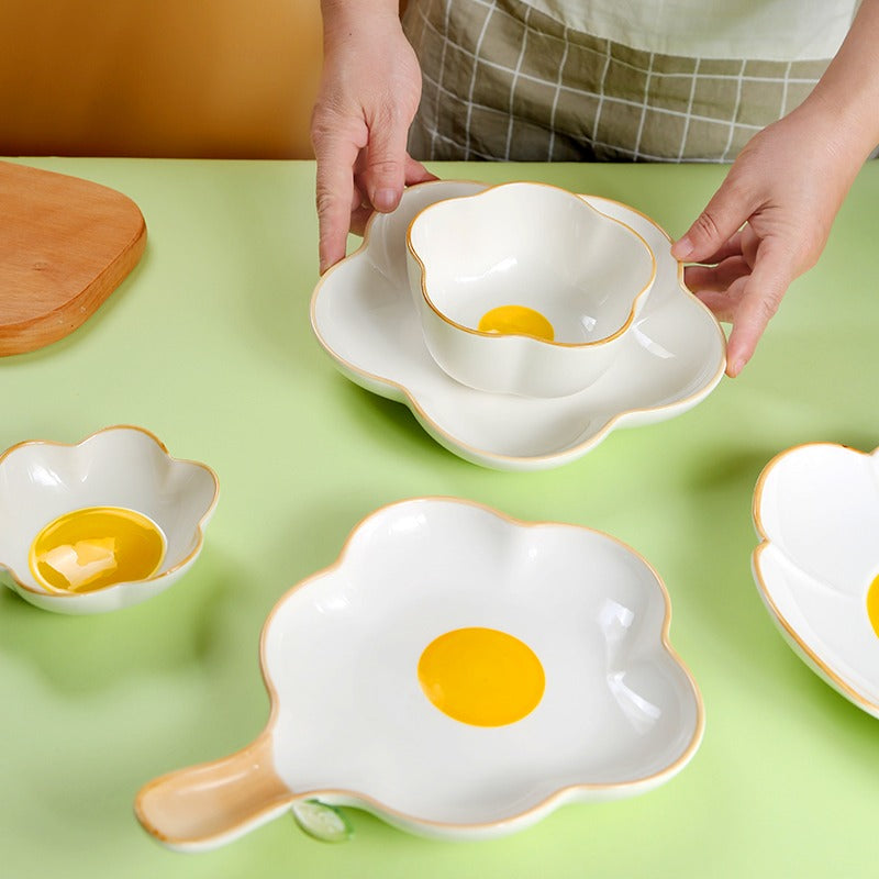 Creative Sun Egg Ceramic Bowl and Dish Set Cute Rice Bowl, Plate, Handle, Plate, Tableware, Home Breakfast Soup Plate