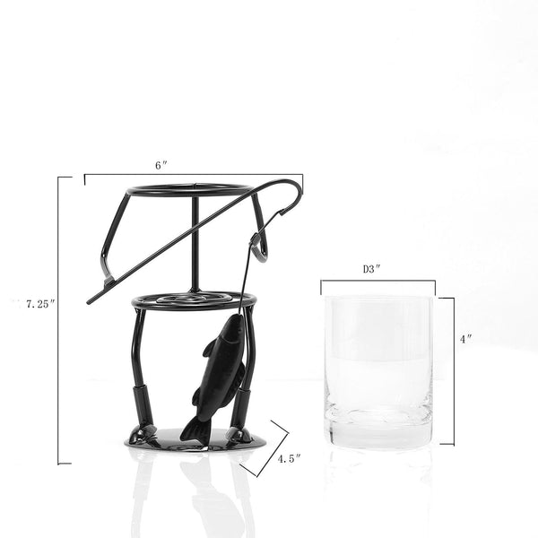 Fisherman Fishing Whiskey, Wine & Water Glass - Glass & Metal Cup Holder- Hook & Line Whiskey, Scotch, Liquor Cup Holder, Holds Cup, Great Gift for Fishing Enthusiasts, Boaters, Fathers, Sons