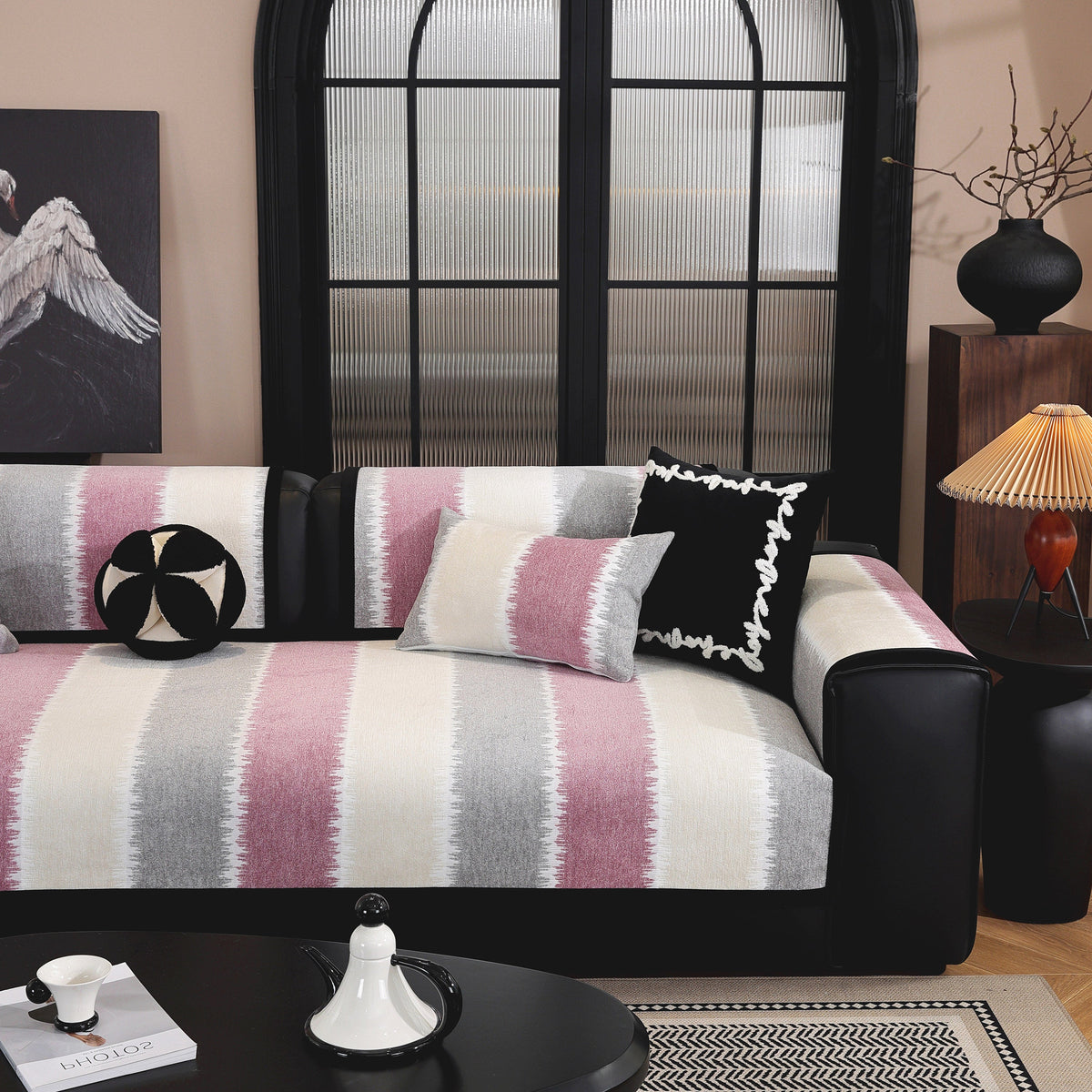 Striped Colorblock Non-Slip Sectional Couch Covers, Chenille Sofa Protector Cover