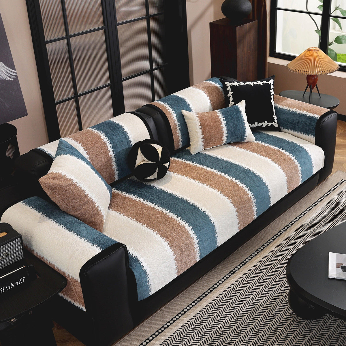 Striped Colorblock Non-Slip Sectional Couch Covers, Chenille Sofa Protector Cover