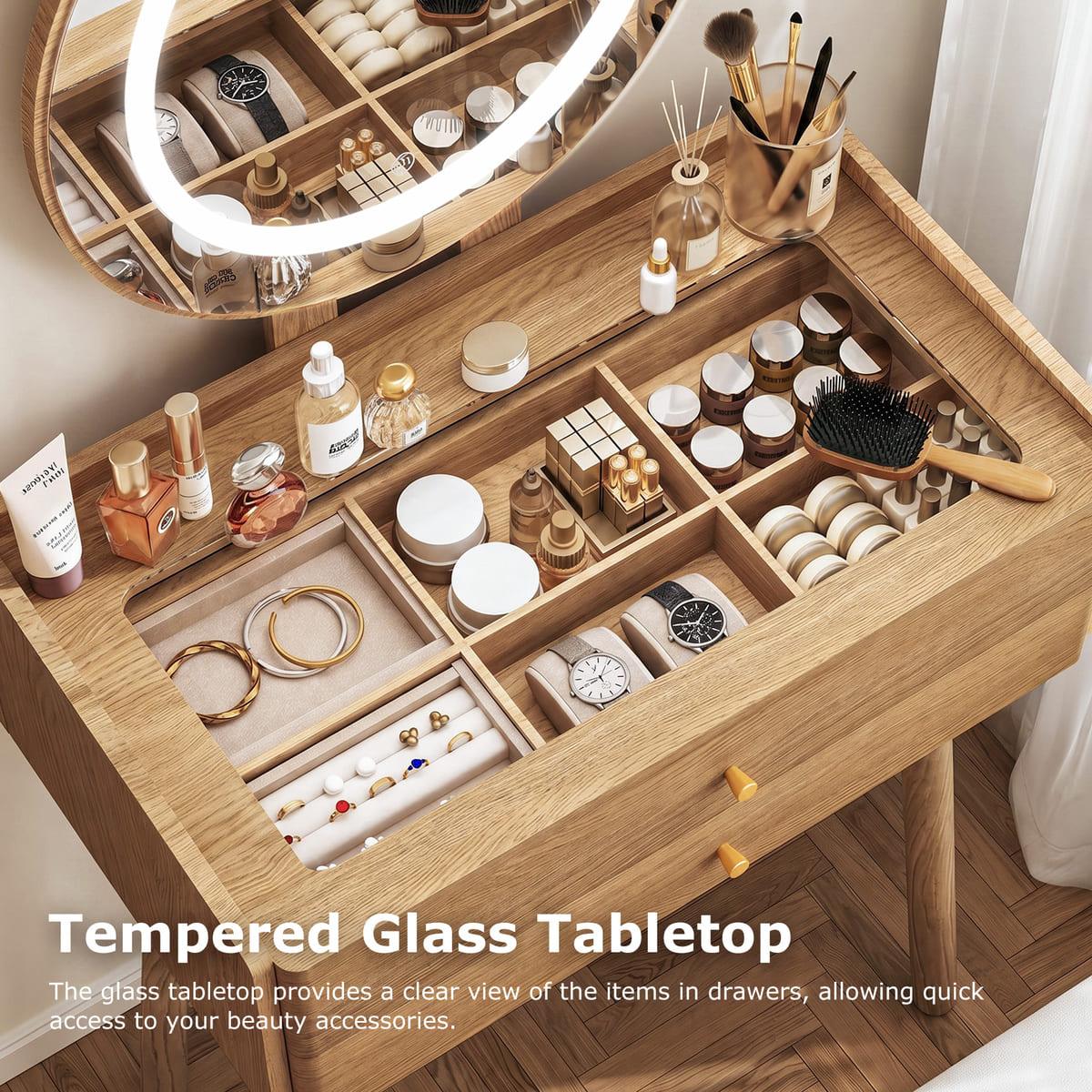 Small Vanity Desk with Round LED Mirror, Glass Top, Drawers & Stool