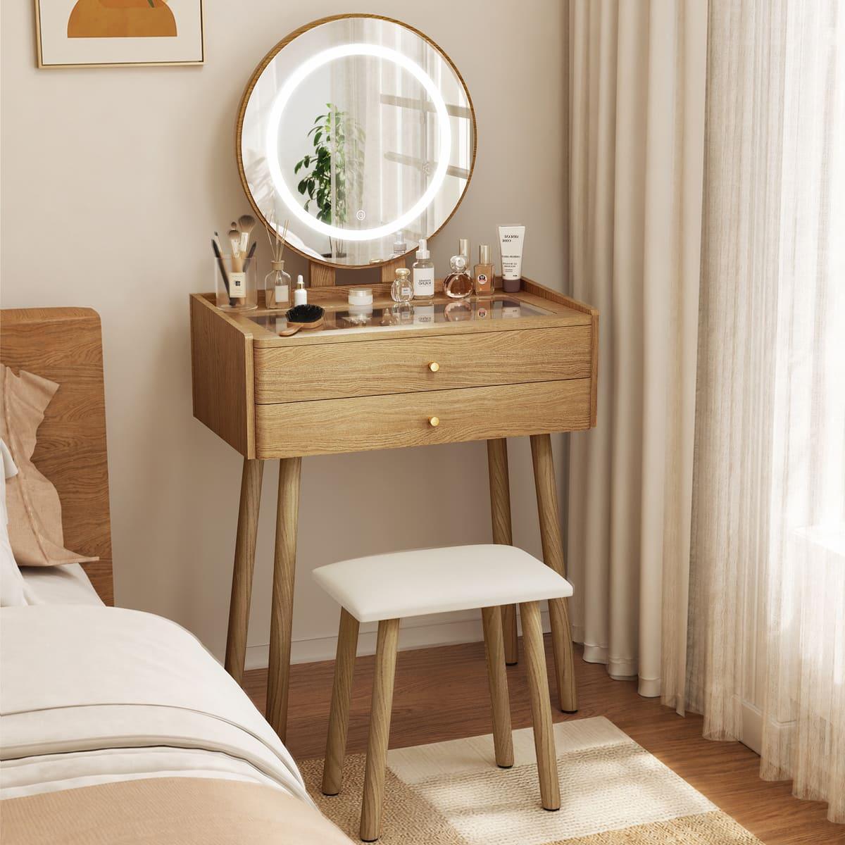 Small Vanity Desk with Round LED Mirror, Glass Top, Drawers & Stool
