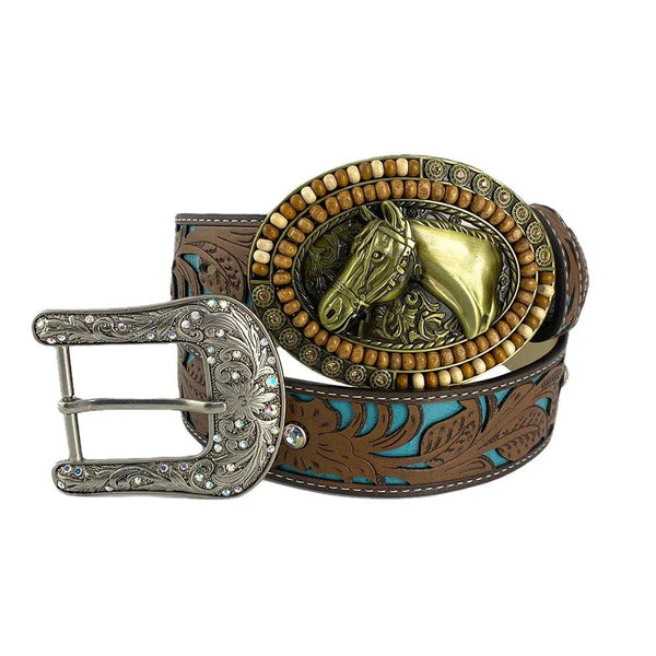 TOPACC Western Turquoise Belts - Oval Wood Beads Horse Belt Buckle - Gifts for You 'n Me
