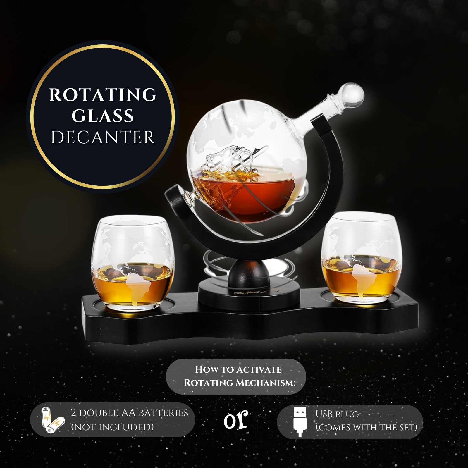 Rotating Whiskey Decanter Globe Set with 2 10OZ Etched Whiskey Glasses | 29 OZ | Moving Interactive World Globe, Gifts for Men Dad, Anniversary for Liquor Scotch Bourbon - Batteries NOT Included