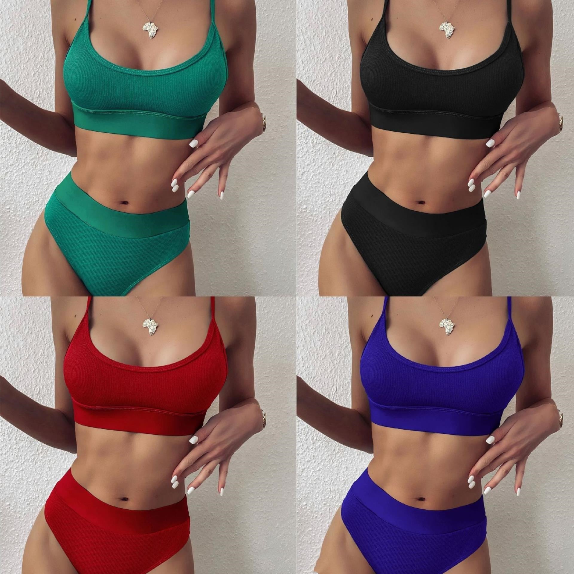 Women Bikini Sets Solid Color Ruffled Swimwear Bathing Suits 2 Piece Split Push Up Bandage Beachwear Women's Bikini Scoop Neck Straps Cutout Crop Top Lace Up Bottom Comfortable Two Piece Swimsuits