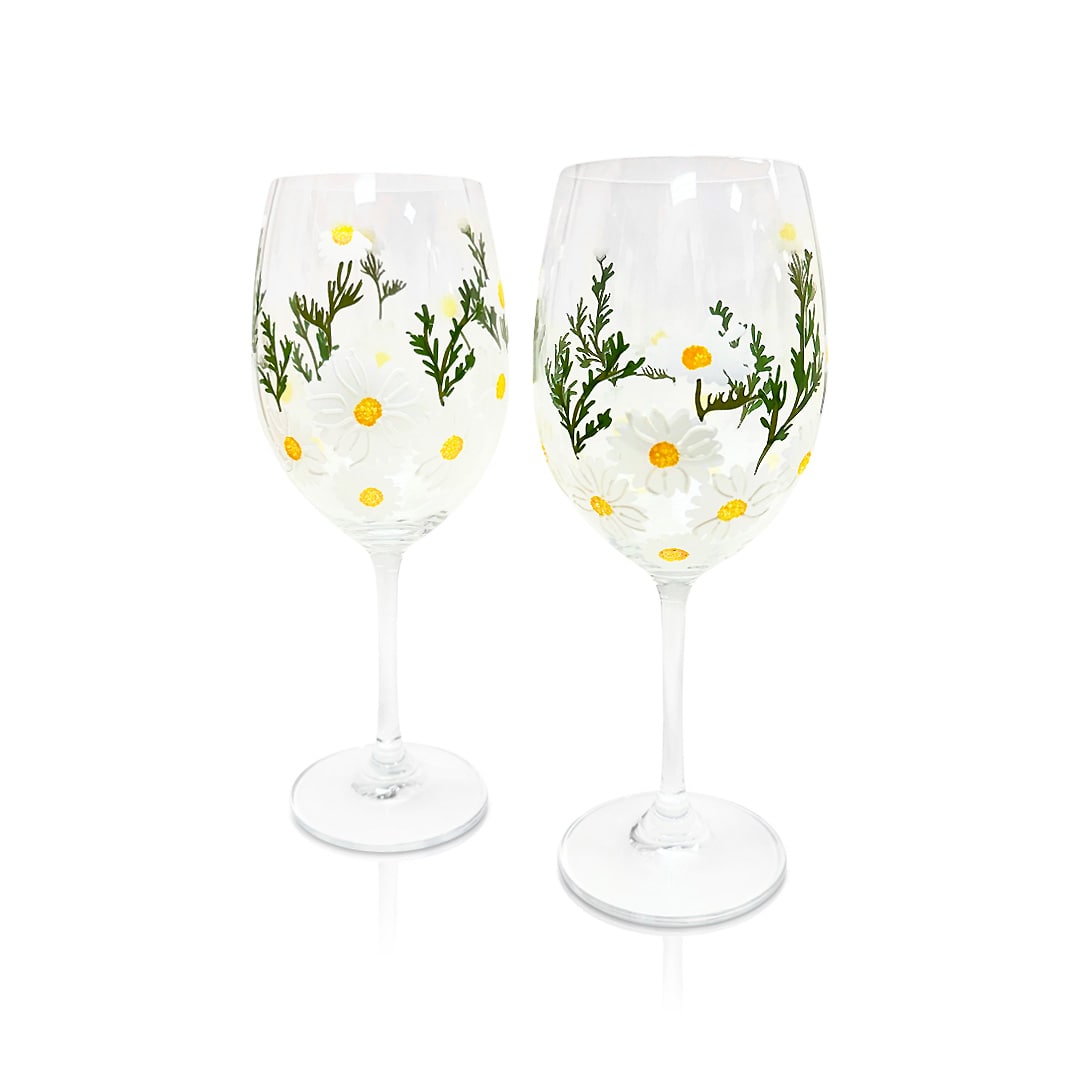 Painted Daisy Wine Glasses Jersey Art Glass