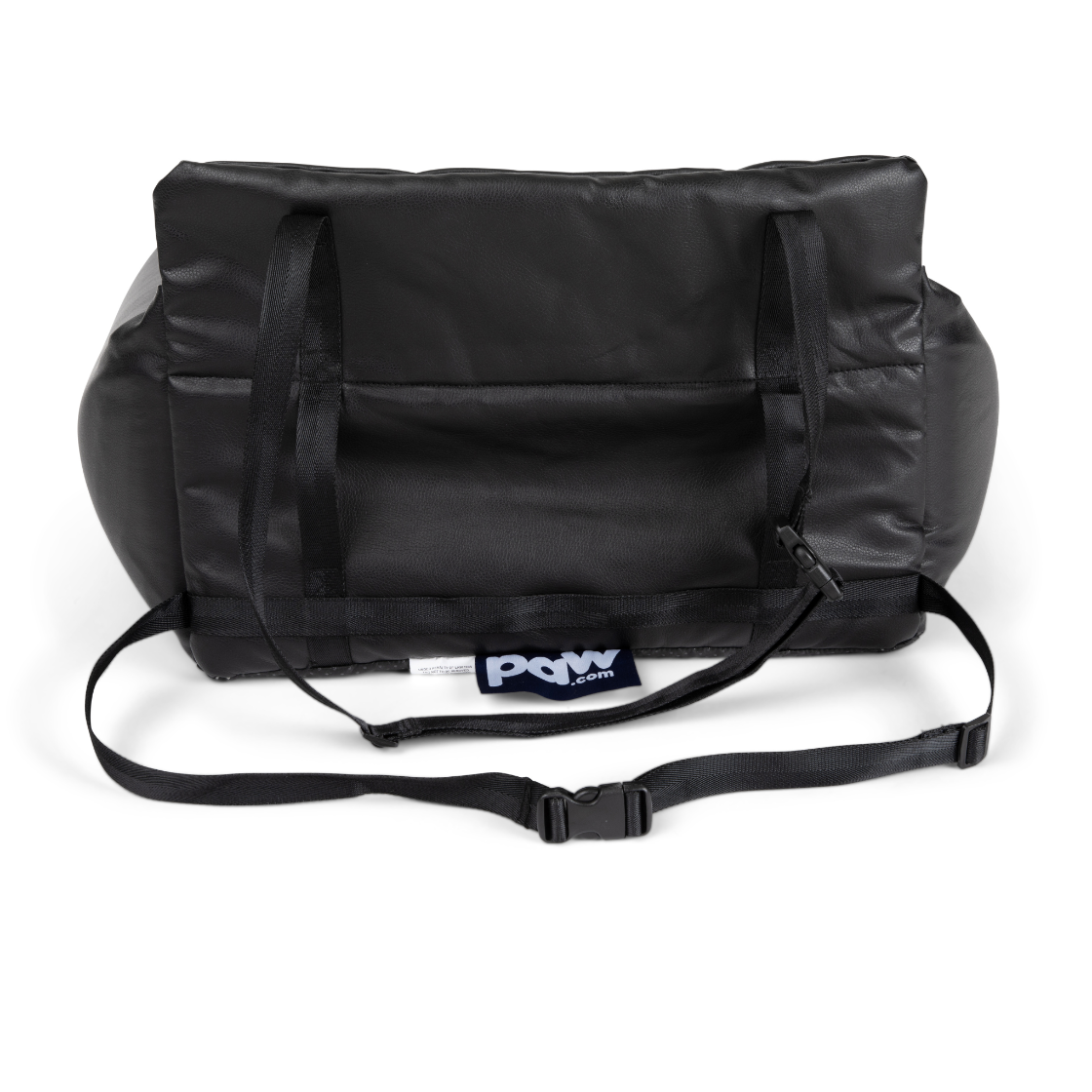 Black duffel bag with a strap on a white background