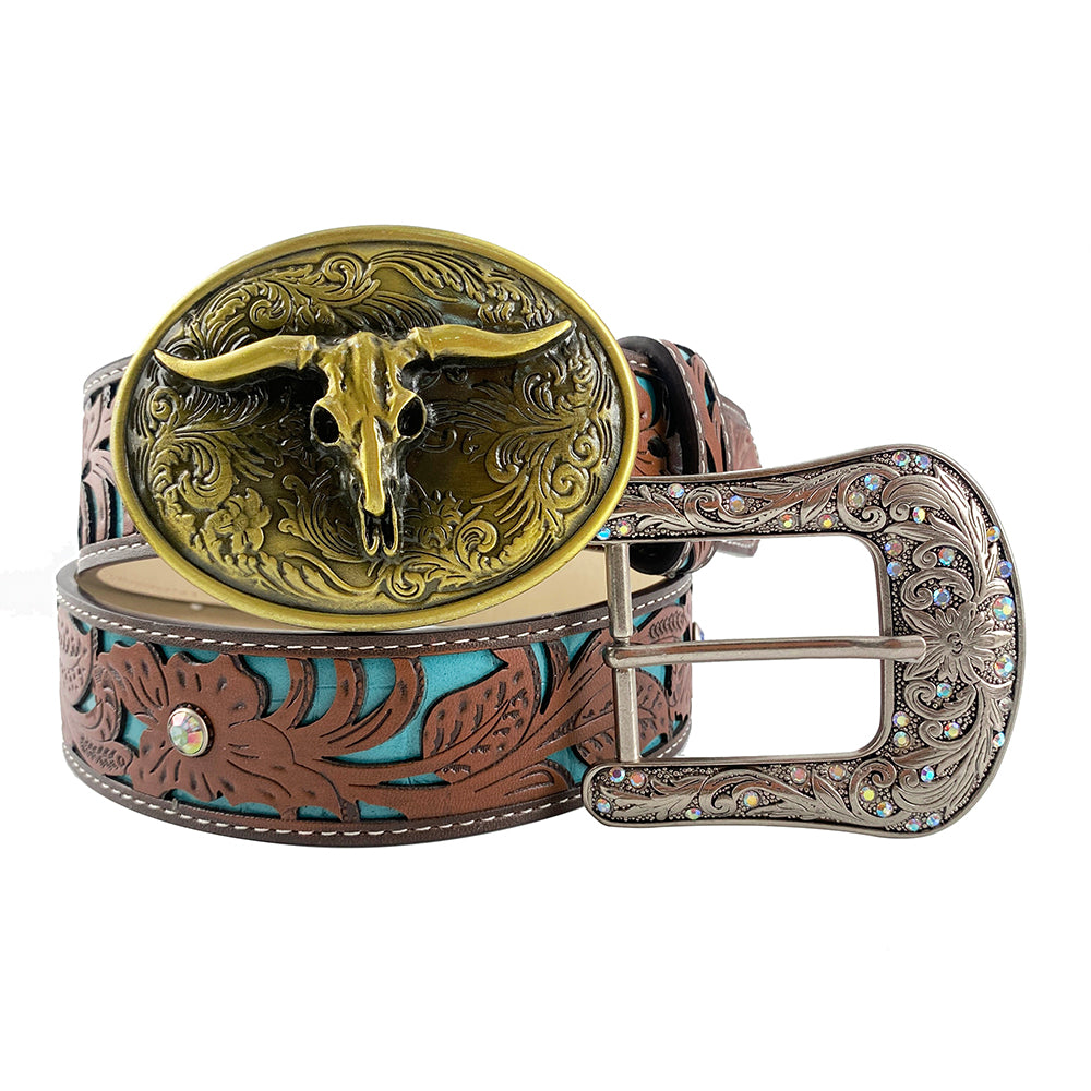 TOPACC Western Turquoise Belts - Longhorn Cow Bull Belt Buckle Copper/Bronze