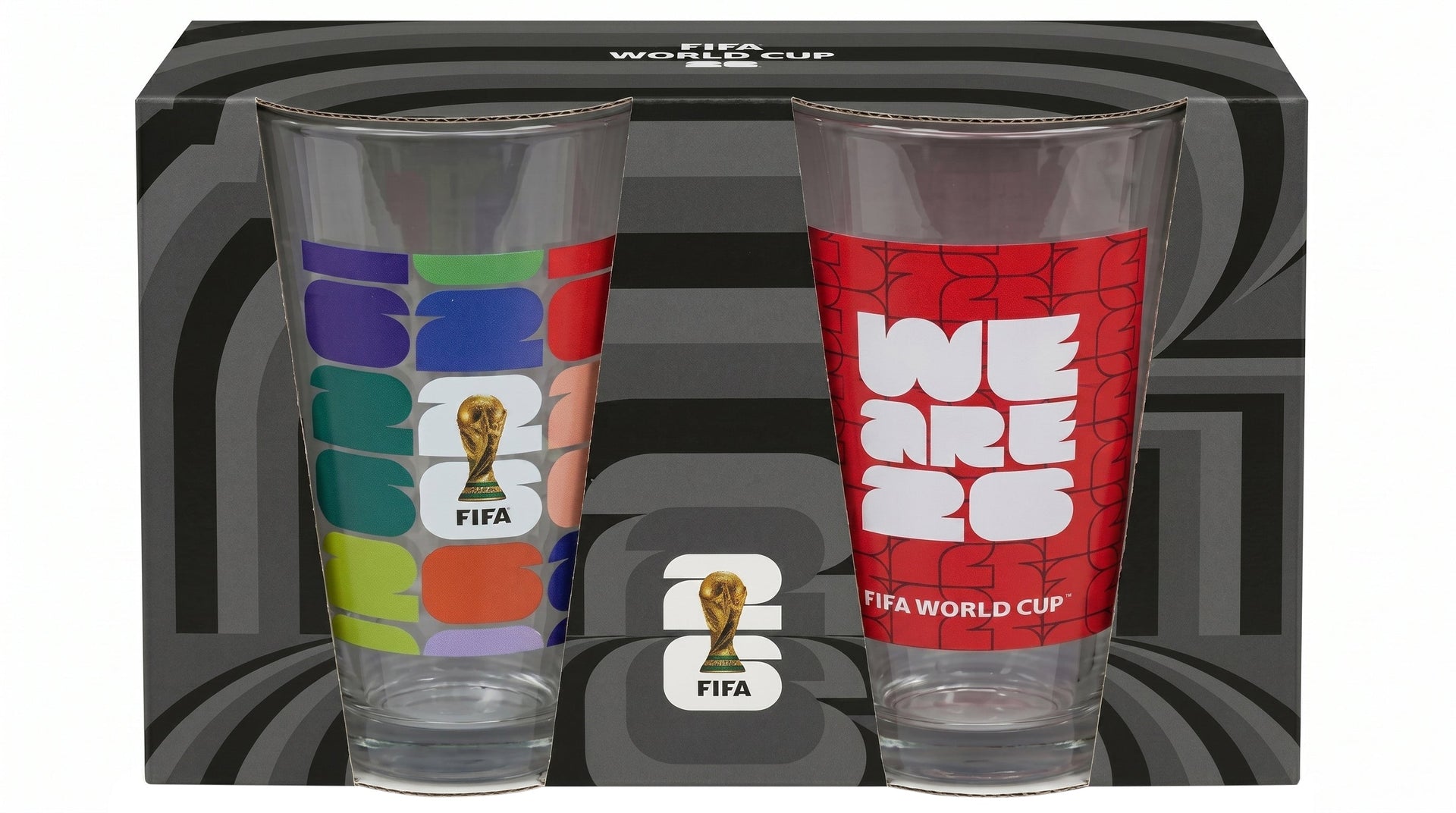 FIFA Trophy & We Are 26 Set of 2 Glass Highballs 16 OZ.
