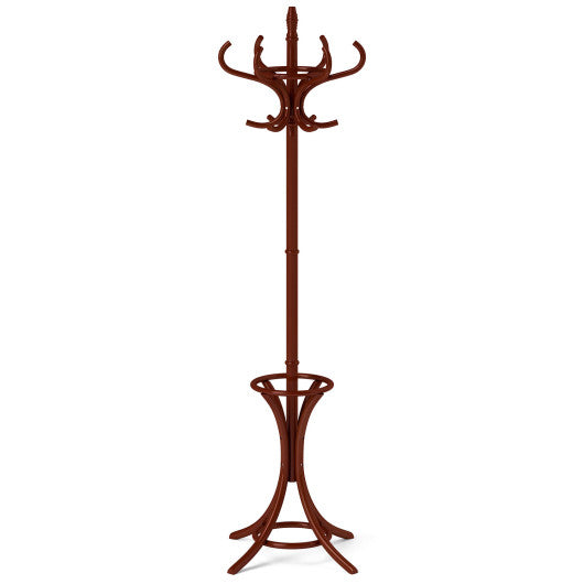 Wood Standing Hat Coat Rack with Umbrella Stand-Brown