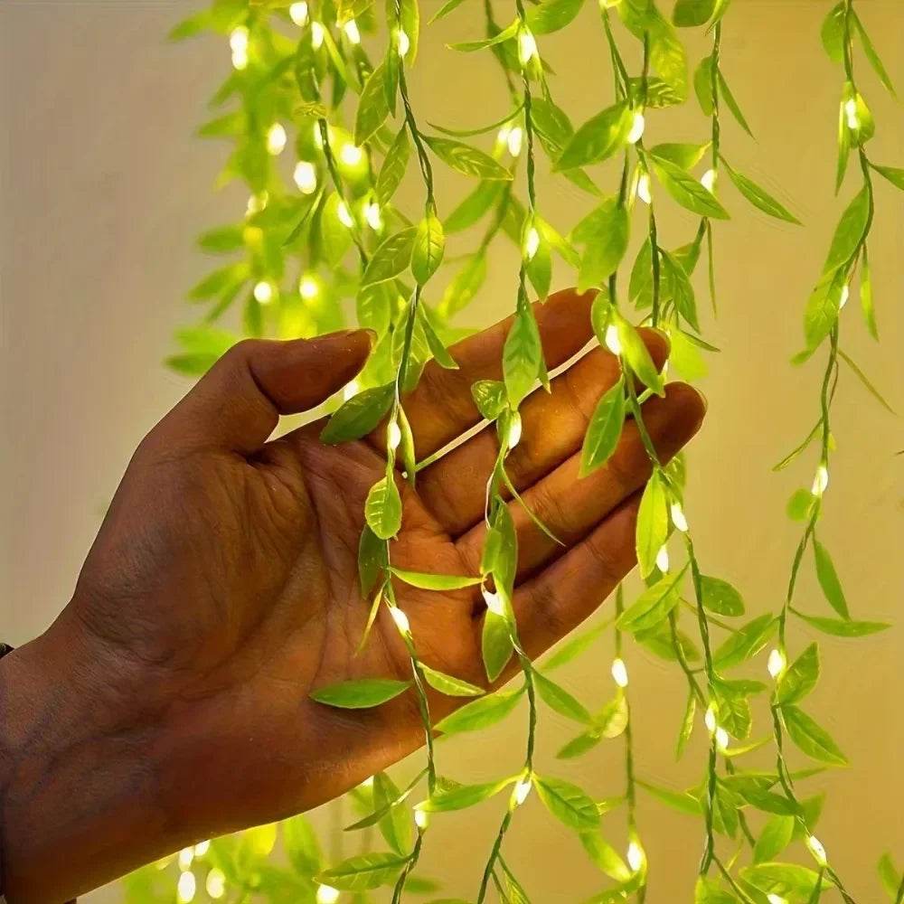 Always-On Willow Light – Imitation Leaf Decorative Wrought Iron Basket with Copper Wire LED String (Battery Powered)