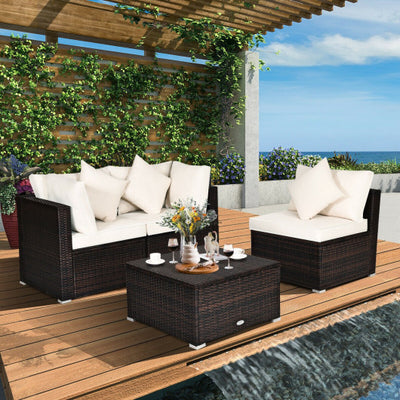 4 Pcs Ottoman Garden Deck Patio Rattan Wicker Furniture Set Cushioned Sofa-White