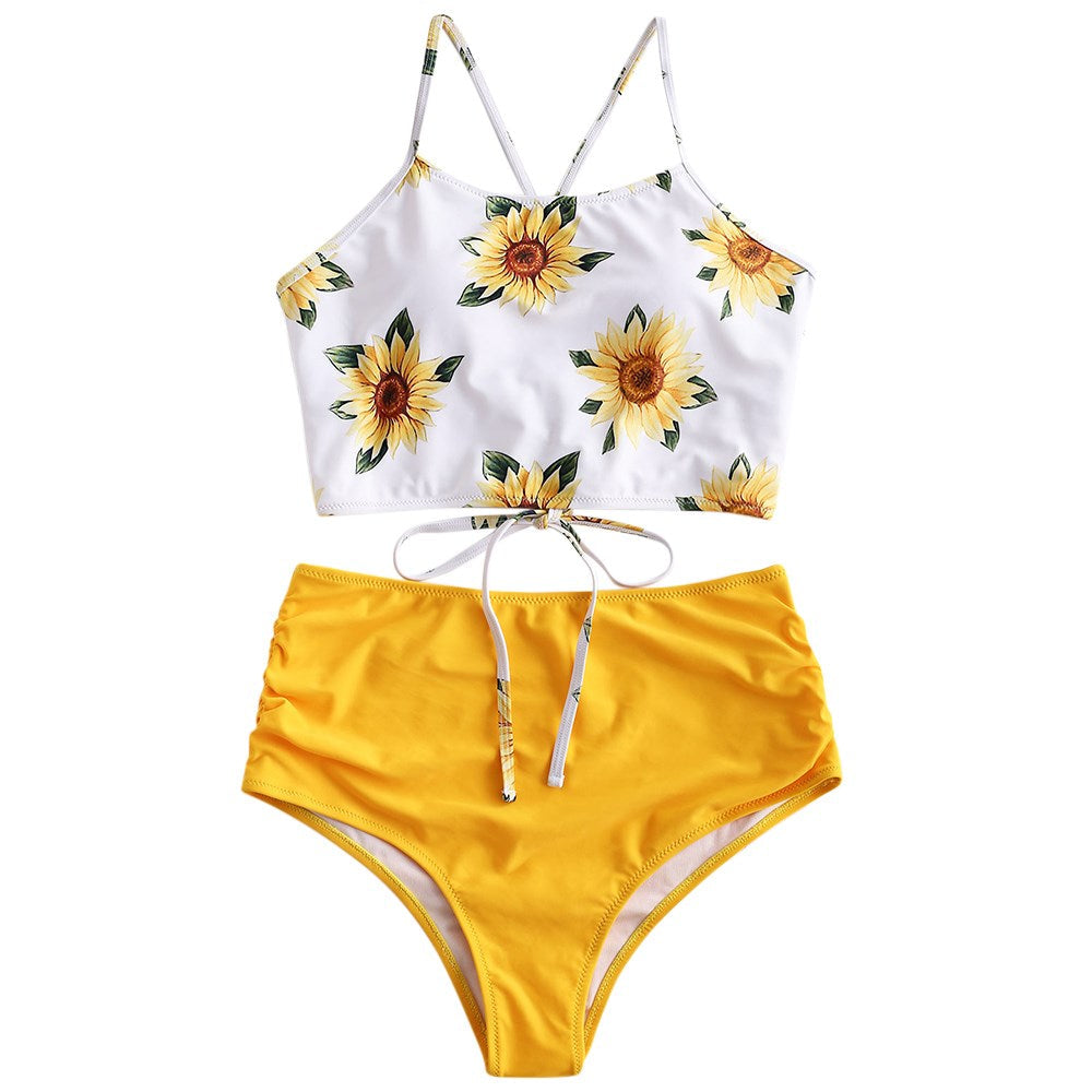 High Waist Bikini Sunflower Swimsuit Women Bikini Floral Swimsuit Floral Crop Tie Knot Front High Waist Bikini Set Two Piece Swimsuit For Women  Summer High Waisted Bathing Suit