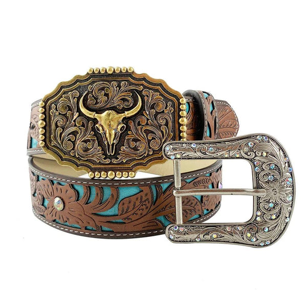 TOPACC Western Turquoise Belts - Copper Longhorn Cow Pattern Belt Buckle - Gifts for You 'n Me