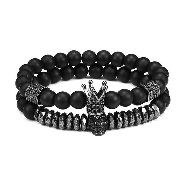 Lava Stone Combination Cubic Zircon Beads Bracelet Natural Red Tiger Eye Black Matte Onyx Stone Crown King Beads Bracelet For Men Women Fashion Charm Zircon Head Elastic Adjustable Bracelet Set Luxury Design