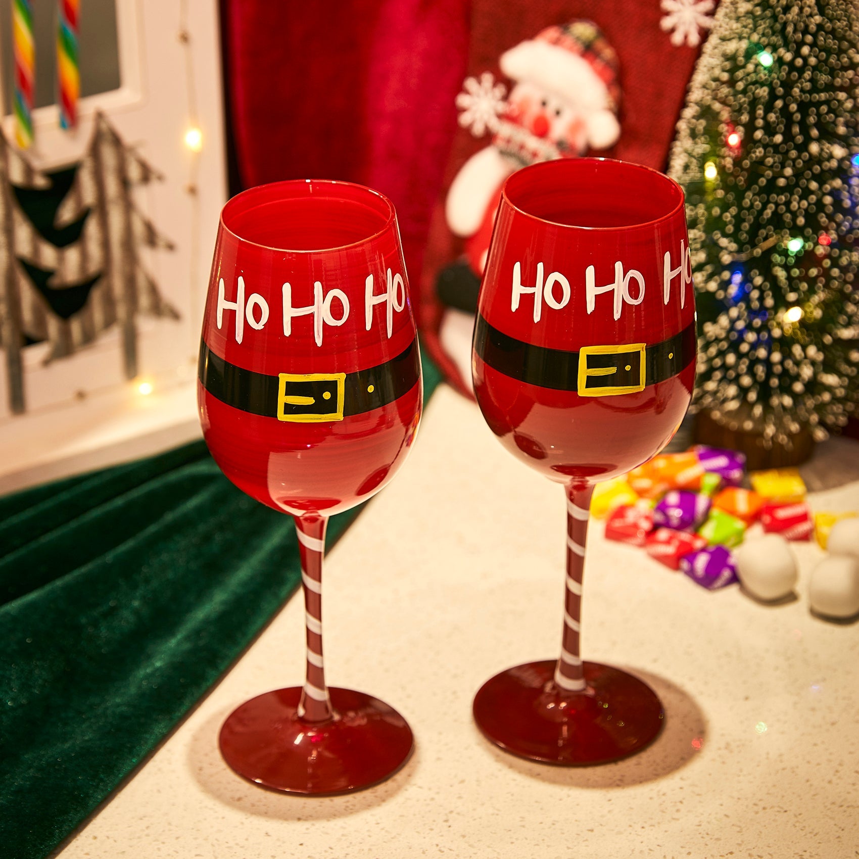 Ho Ho Ho Santa's Christmas Stemmed Wine & Water Glasses - Set of 2 - HoHoHo, Red & Black, 9