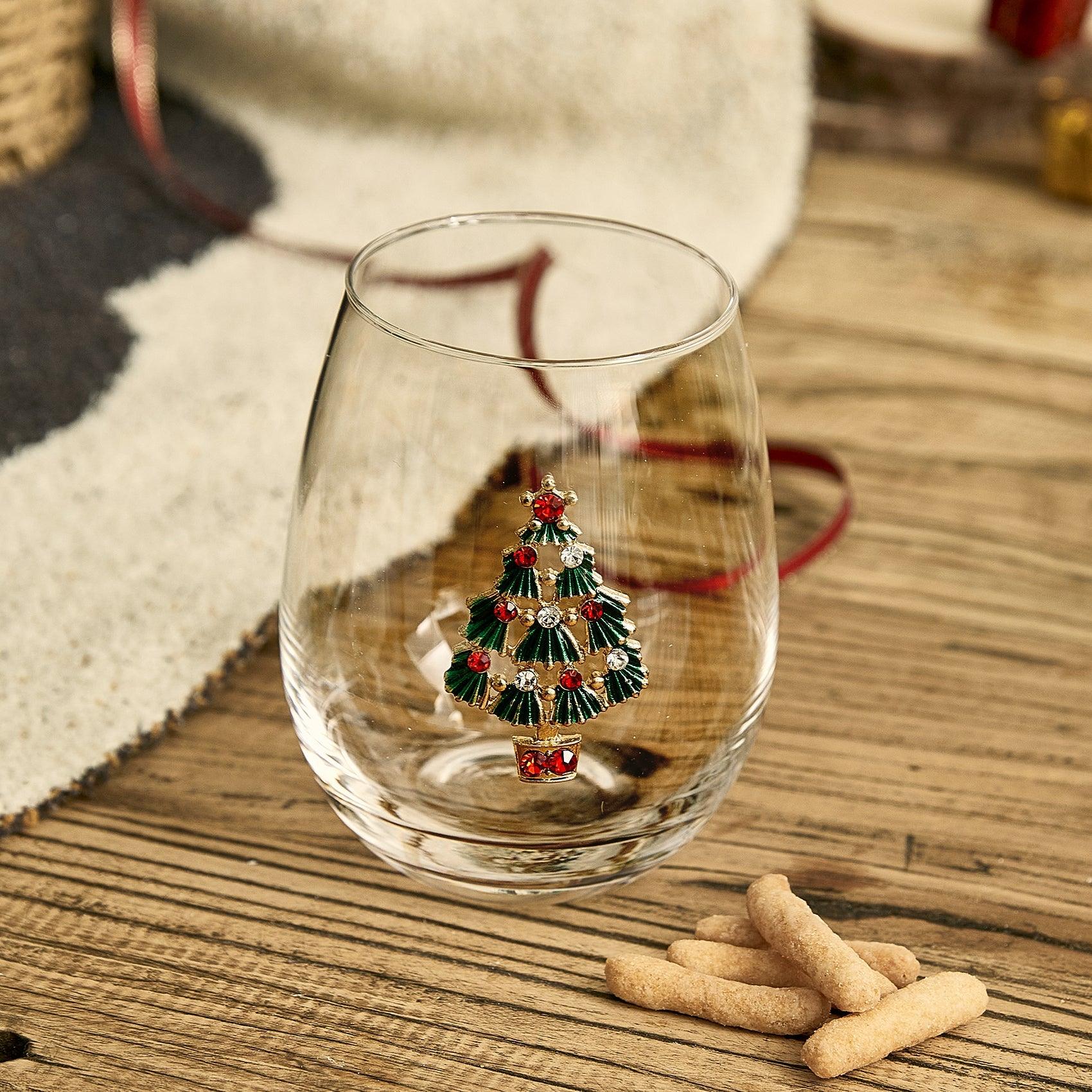 Stemless Christmas Tree Wine Glasses - Set of 2 - Christmas Cheer for Holiday Gift and Winter Season - 18 oz Stemless Decorated Tree Ornament Wine Tumblers for Holiday Season and Winter 4.7