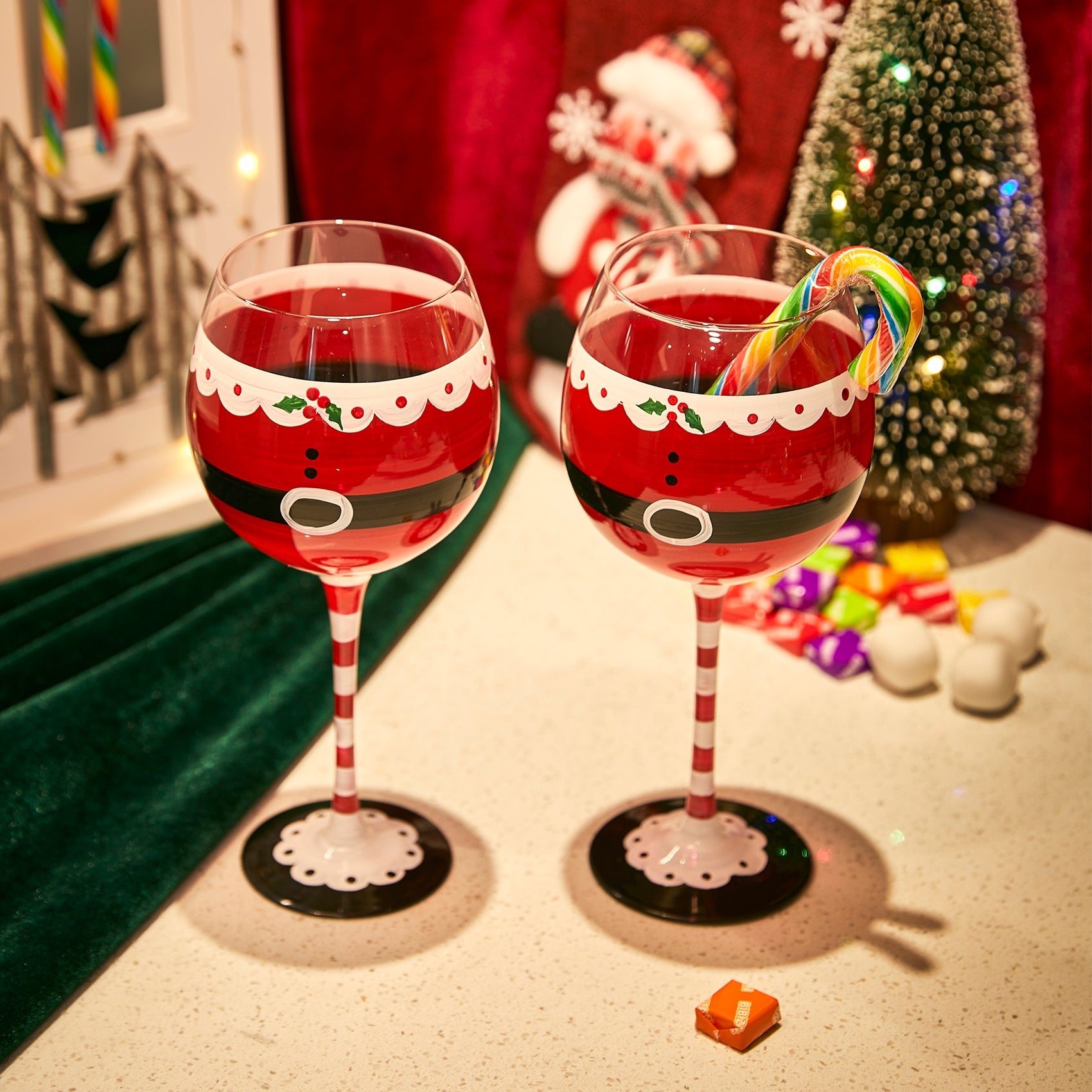 Santa's Elf Stemmed Wine & Water Glasses - Set of 2 - Shining Red & Black, 9