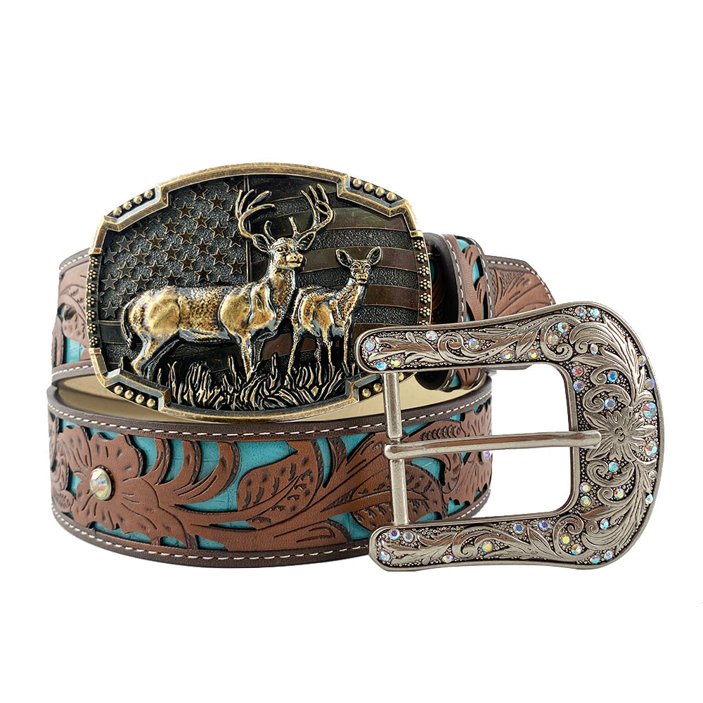 TOPACC Western Turquoise Belts - Deer American flag Belt Buckle Copper/Bronze