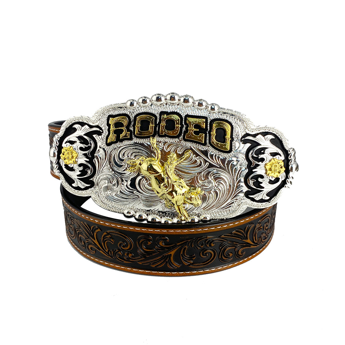TOPACC Western Genuine Leather Pattern Tooled Belt - Rodeo Engraved Flower Belt Buckle