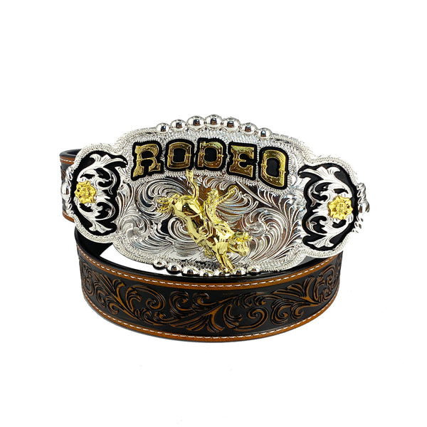 TOPACC Western Genuine Leather Pattern Tooled Belt - Rodeo Engraved Flower Belt Buckle