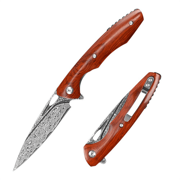 Quicksilver Handmade Japanese Damascus Pocket Knife with Exotic Red Sandalwood Handle
