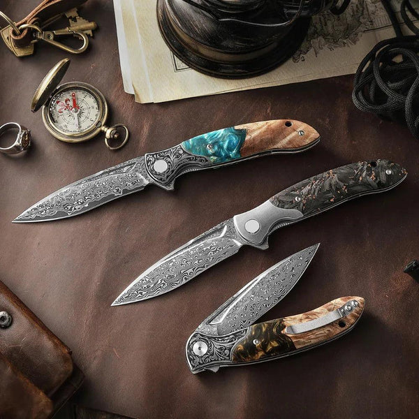 Raven VG10 Damascus Pocket Knife with Olive Burl Wood & Resin Handle - Gifts for You 'n Me