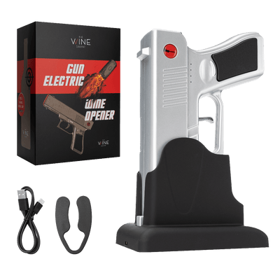 Electric Gun Wine Corkscrew Bottle Opener - Rechargeable Holster Base Cordless Battery - Automatically Open Wines Multifunctional Electronic Cork Puller - Guns Enthusiasts Gift & Vino Lovers (Silver)