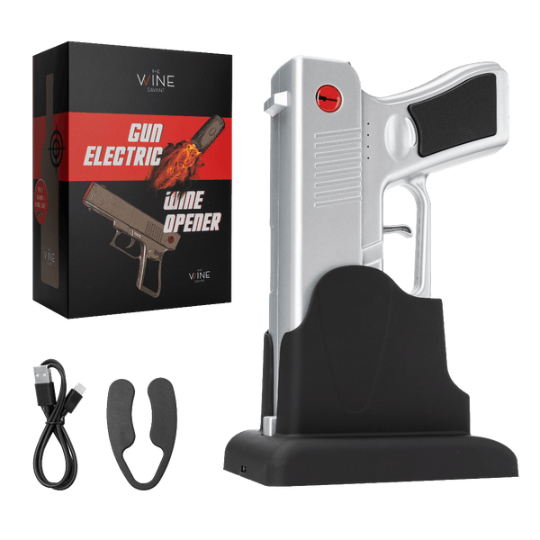 Electric gun-shaped wine opener with packaging, cable, and bottle stopper on a white background