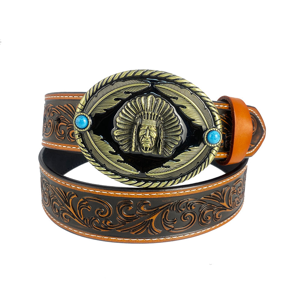 TOPACC Western Genuine Leather Pattern Tooled Belt-Indians Belt Buckle Copper/Bronze