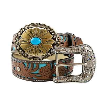TOPACC Western Turquoise Belts - Turquoise Flower Belt Buckle Copper/Bronze