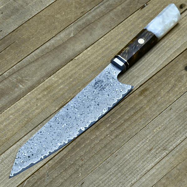 Aurora Japanese Chef Knife with Exotic Olive Burl Wood & Mother of Pearl Handle