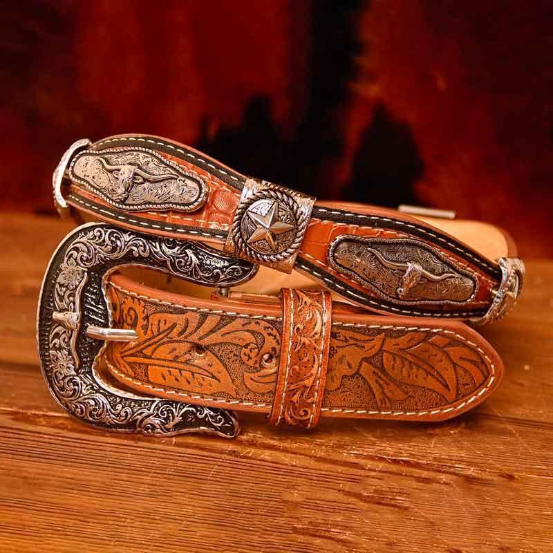 TOPACC Western Super Concho Silver Longhorn Cow Bull Brown Country Belts Genuine Leather - Gifts for You 'n Me
