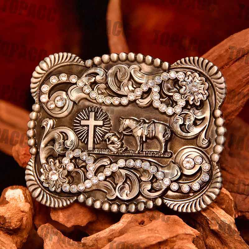 TOPACC 3D Rectangle Western Cowboy Horse Prayer Cross Belt Buckle Black Gold/Bronze