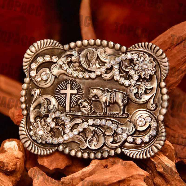 TOPACC 3D Rectangle Western Cowboy Horse Prayer Cross Belt Buckle Black Gold/Bronze