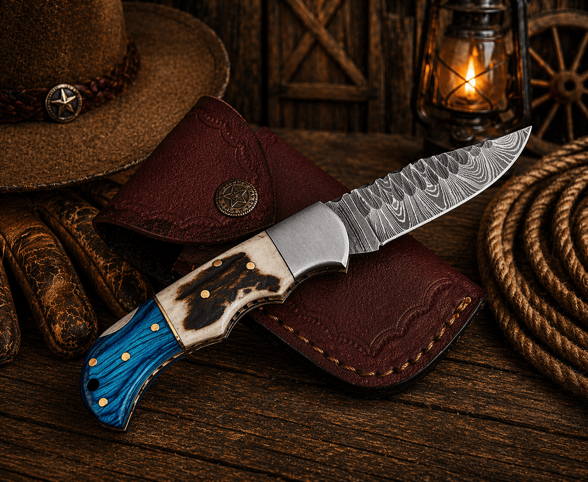 Hand Forged Damascus Pocket Knife – Engraved Folding Knife with Stag Horn & Blue Pakka Wood Handle