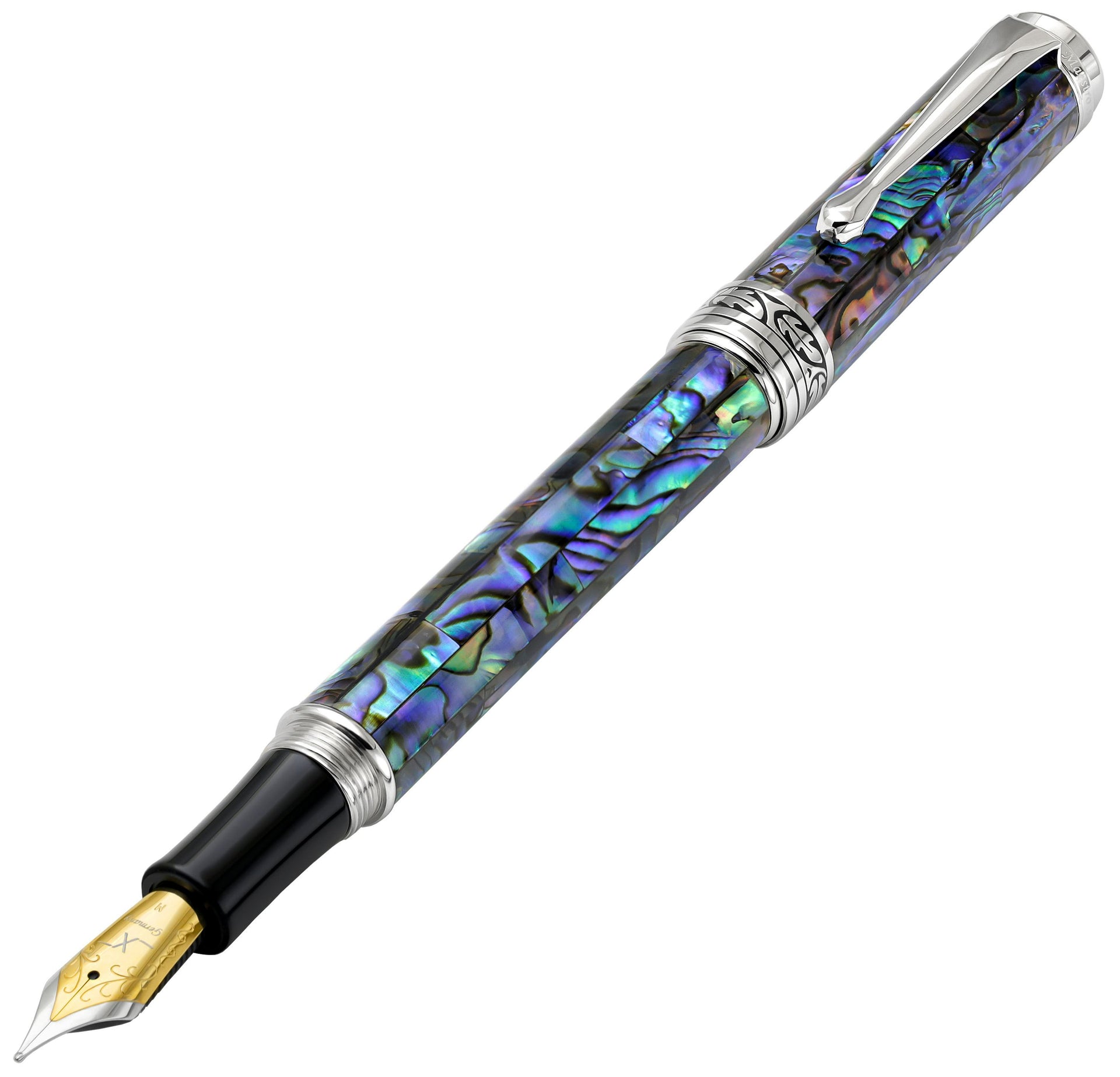 Maestro® Paua Abalone Sea Shell Fountain Pen (Medium Nib) and Rollerball Pen Set - Platinum Plated