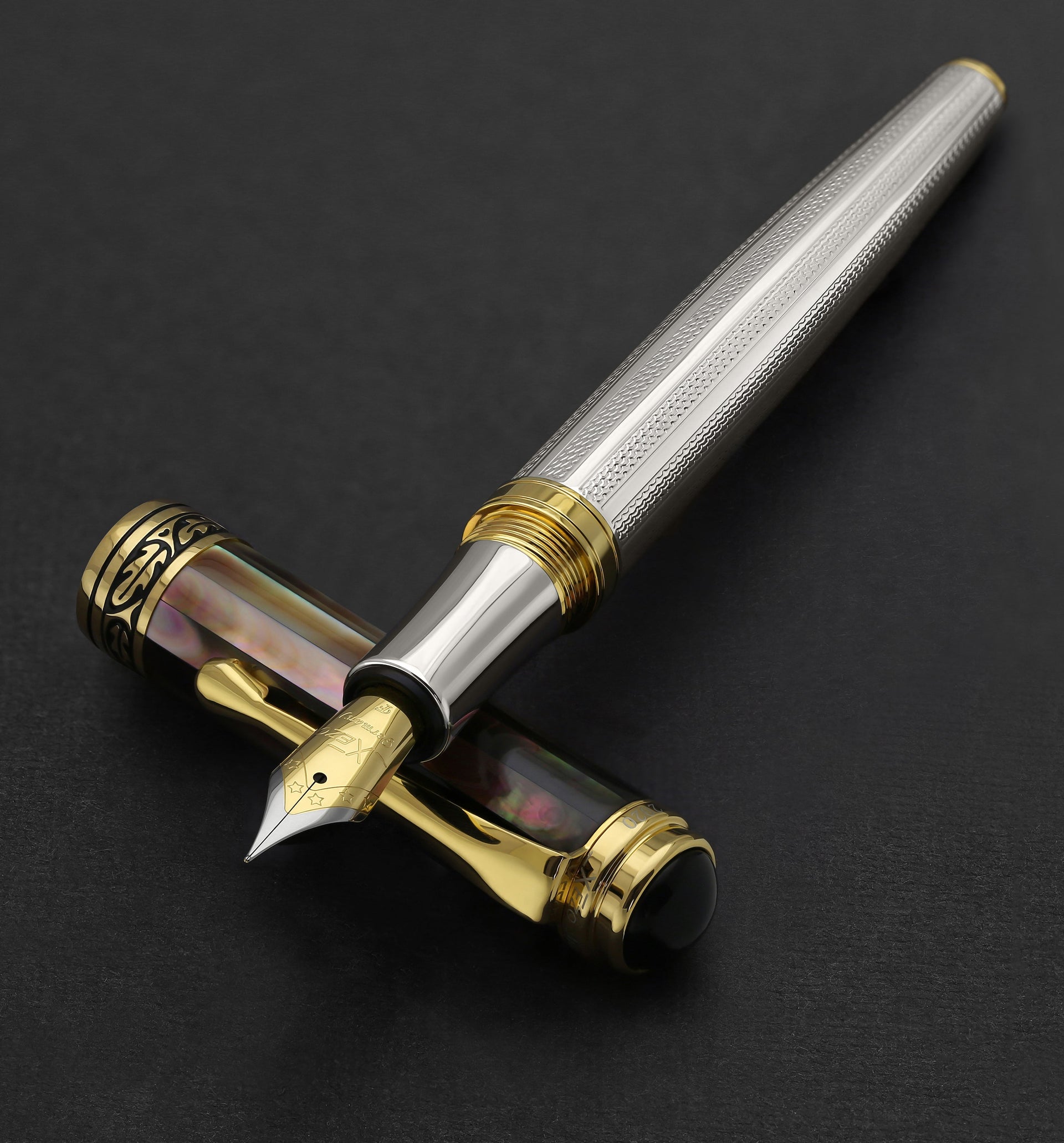 Maestro® 925 Sterling Silver Fountain (Fine Nib) and Ballpoint Pen Set - Tahitian Black Mother of Pearl Cap