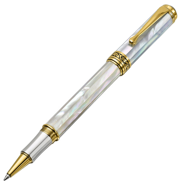 Maestro® Oceanic White Mother of Pearl Fountain Pen (Medium Nib) and Tahitian Black Mother of Pearl Rollerball Pen Set - 18K Gold and Pure Platinum Plated