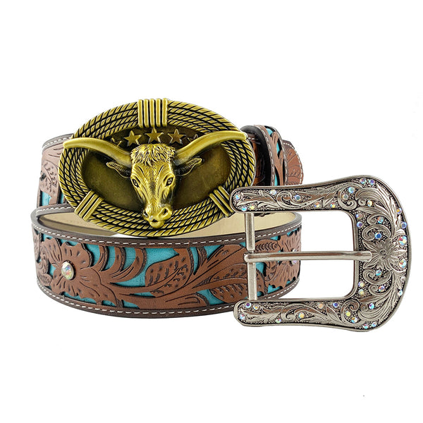 TOPACC Western Turquoise Belts - Cute Longhorn Cow Belt Buckle Copper/Bronze