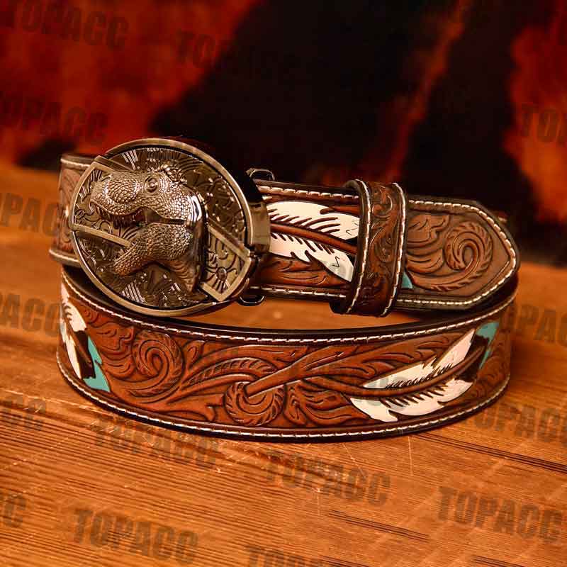 Waist 42-46 inch Western Leather Feather Belt - Block Buckle