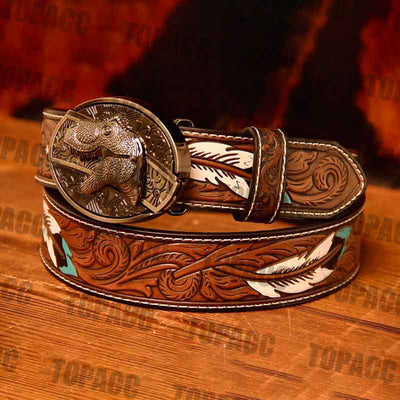 Waist 42-46 inch Western Leather Feather Belt - Block Buckle