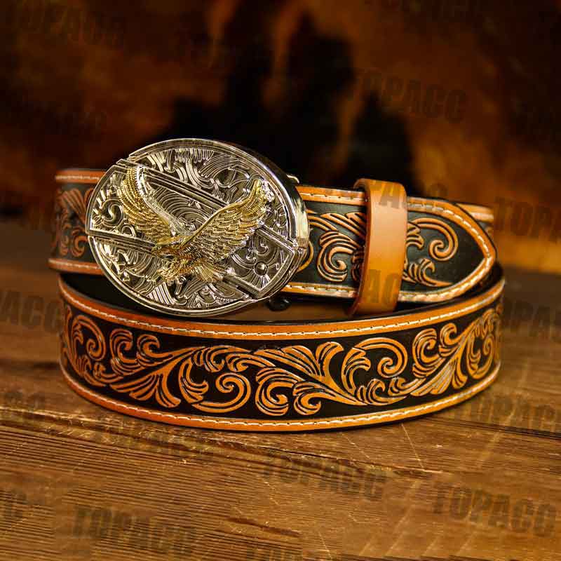 Brown Leather Belt with Two-tone Strap Holder Buckle