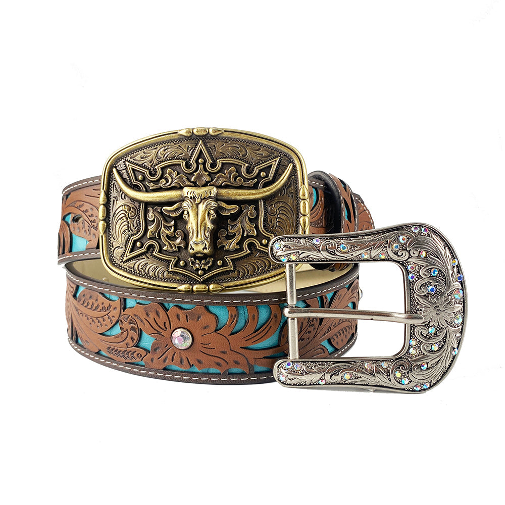 TOPACC Western Turquoise Belts - Pattern Longhorn Cow Belt Buckle Copper/Bronze