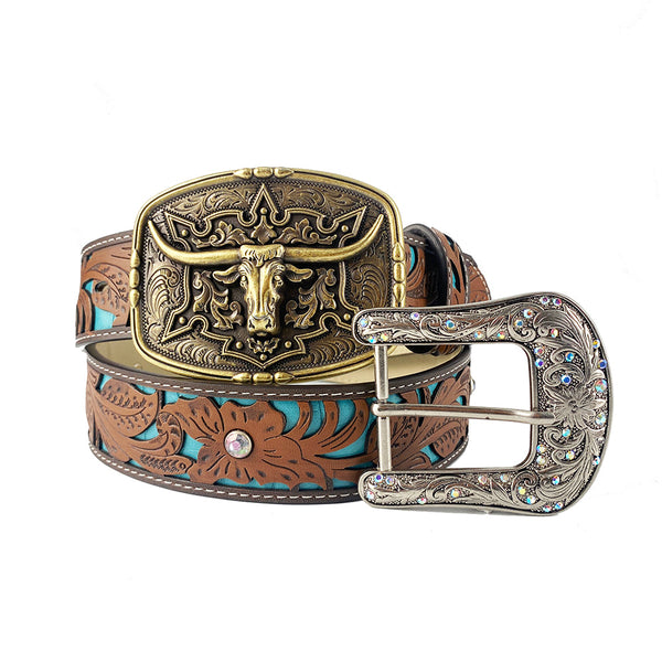 TOPACC Western Turquoise Belts - Pattern Longhorn Cow Belt Buckle Copper/Bronze