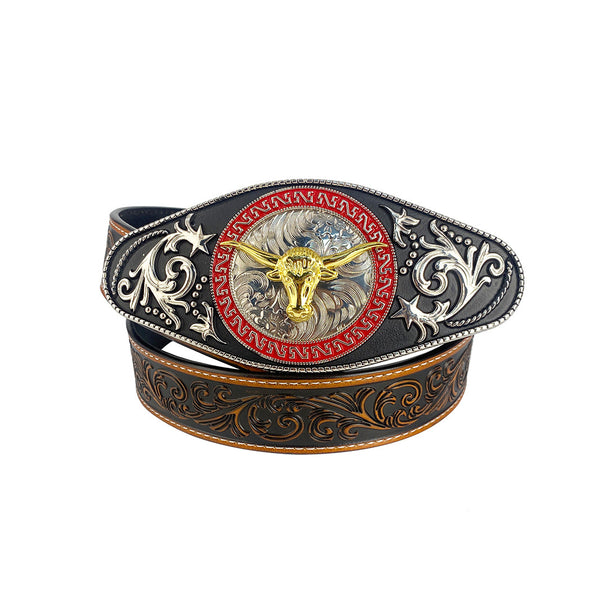 TOPACC Western Genuine Leather Pattern Tooled Belt - Rodeo Longhorn Bull Engraved Flower Belt Buckle