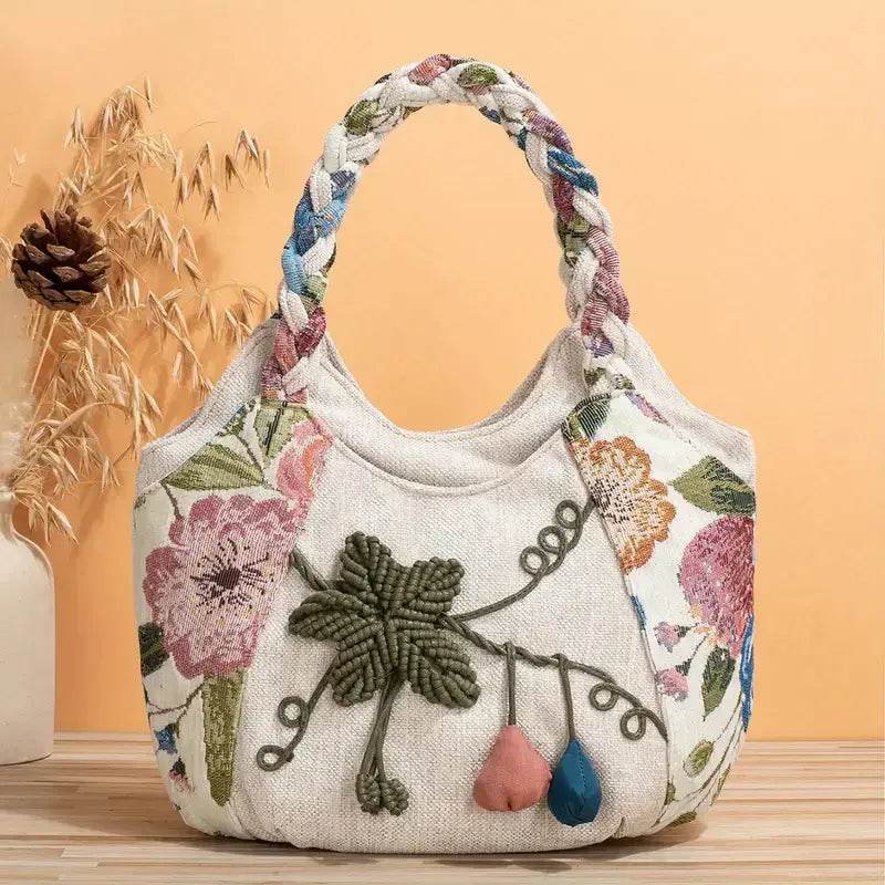 Handmade Bohemian Flower Tote Bag with Foldable Zipper, Shoulder Strap, and Matching Wristlet for Women’s Vacation